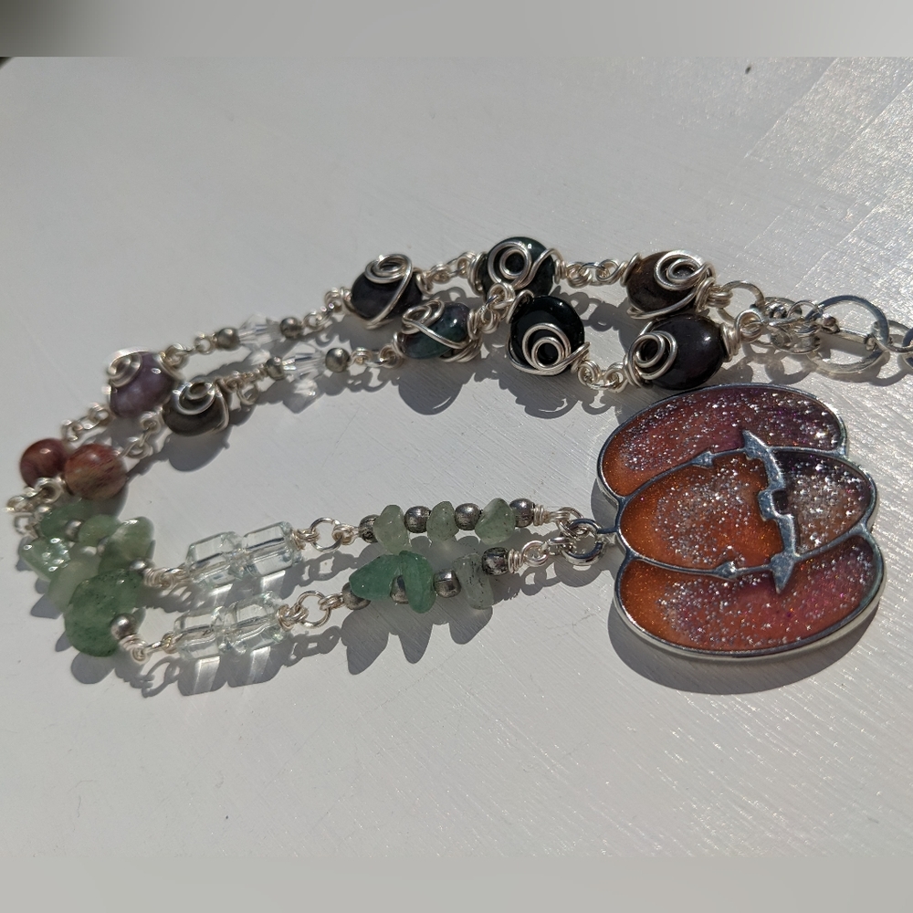๐SOLD๐ Pumpkin Necklace Silver Crystals Jasper Green Aventurine Artisan Resin - Picture 7 of 14